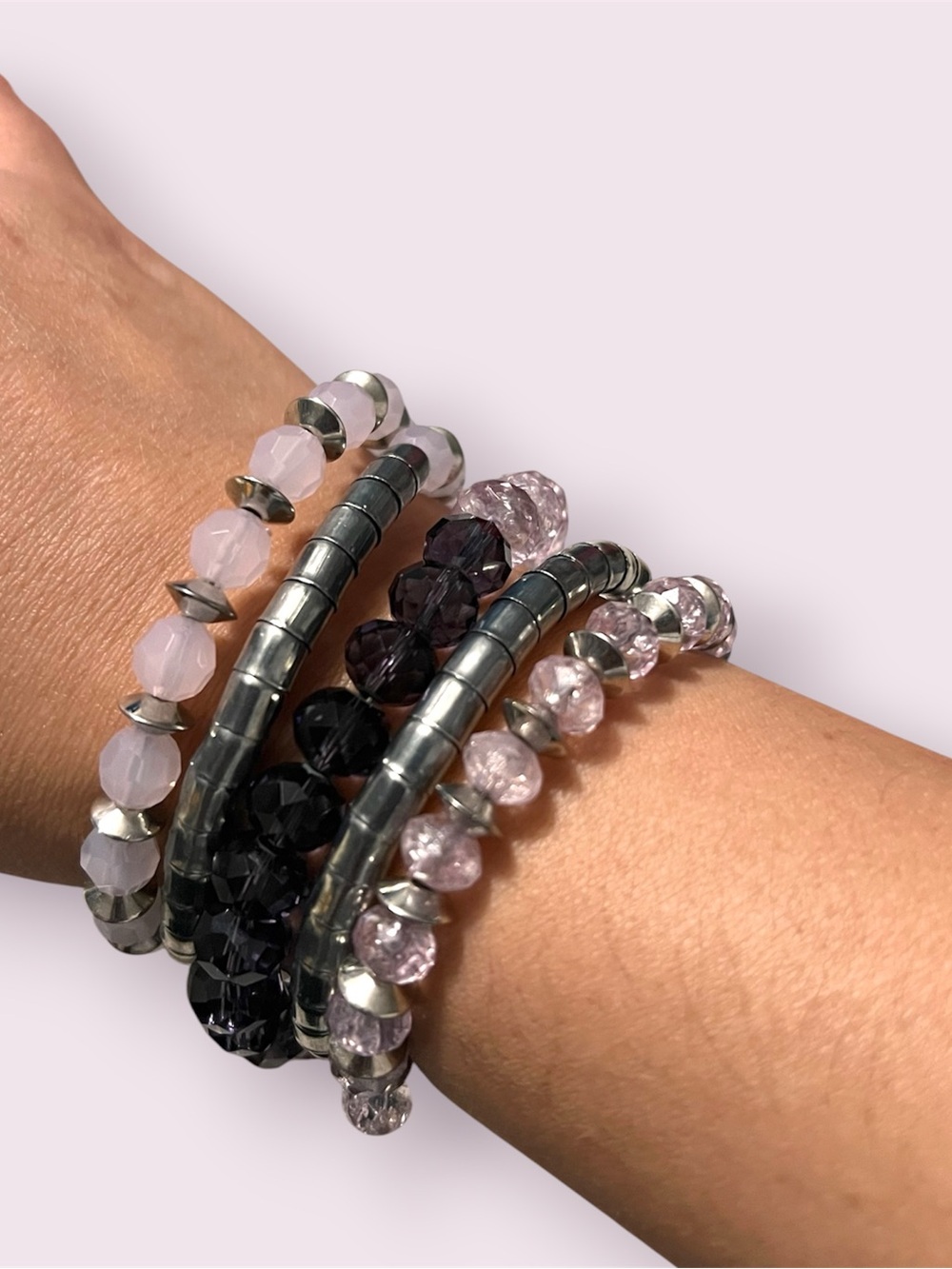 Pink and Purple Beaded Wire Memory Bracelet with silver tone accents